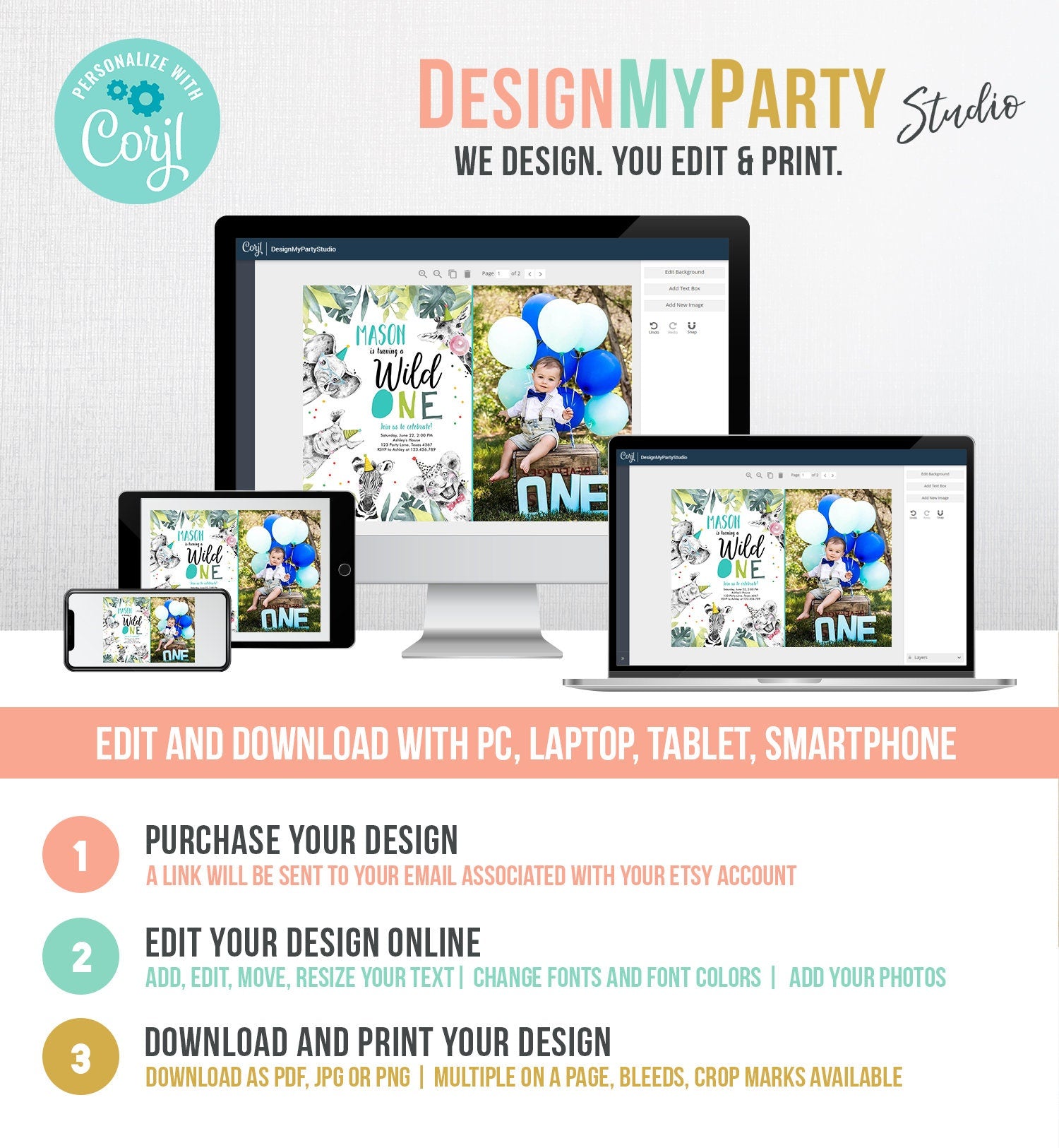 Editable Wild One Birthday Invitation Boy First Birthday Safari Animals Party Animals Born to be Wild Jungle Corjl Template Printable 0322