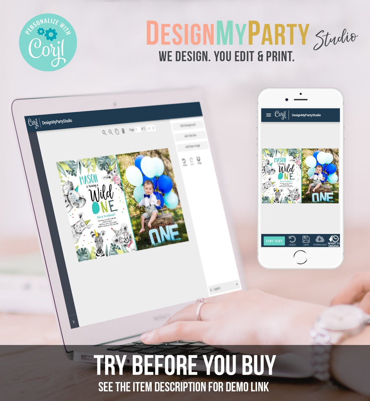 Editable Wild One Birthday Invitation Boy First Birthday Safari Animals Party Animals Born to be Wild Jungle Corjl Template Printable 0322