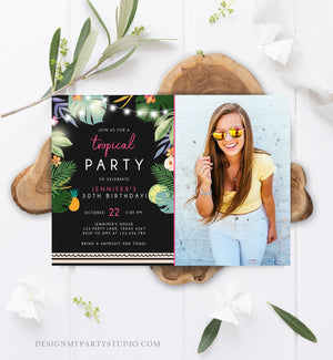 Editable Tropical Birthday Invitation Tropical Party Adult 30th 40th Birthday Pink Woman Palm Leaves Hawaiian Printable Template Corjl 0183