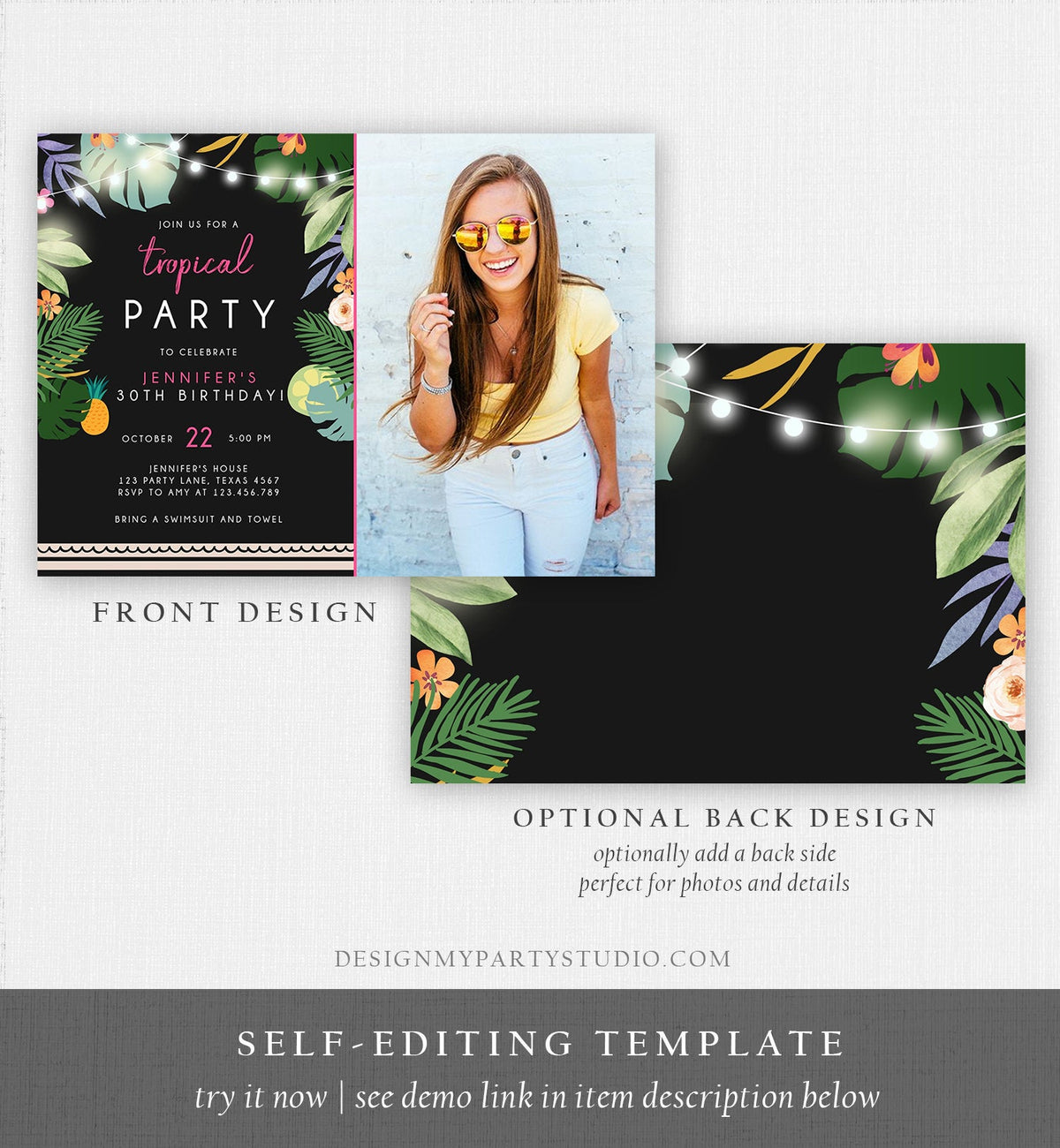 Editable Tropical Birthday Invitation Tropical Party Adult 30th 40th Birthday Pink Woman Palm Leaves Hawaiian Printable Template Corjl 0183
