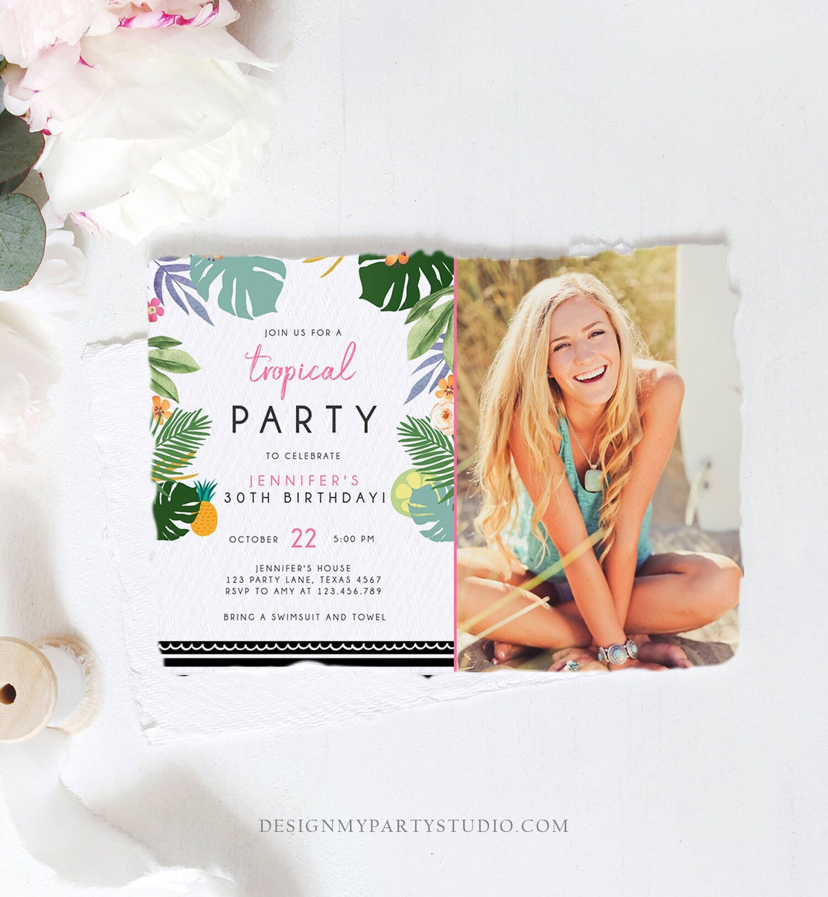 Editable Tropical Birthday Invitation Tropical Party Adult 30th 40th Birthday Pink Woman Palm Leaves Hawaiian Printable Template Corjl 0183