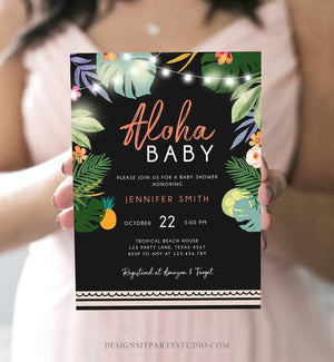 Editable Tropical Baby Shower Invitation Oh Baby Aloha Coed Shower Party Sprinkle Luau Palm Hawaiian Beach Corjl Template Printable 0183