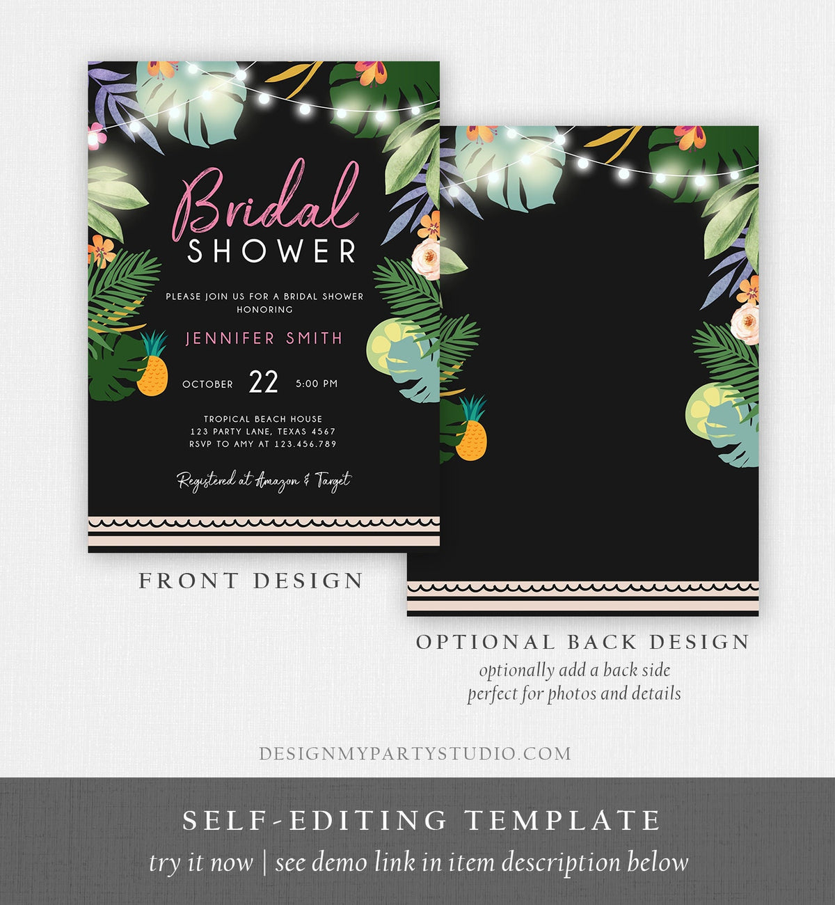 Editable Tropical Bridal Shower Invitation Wedding Aloha Coed Shower Party Luau Palm Hawaiian Leaves Beach Corjl Template Printable 0183