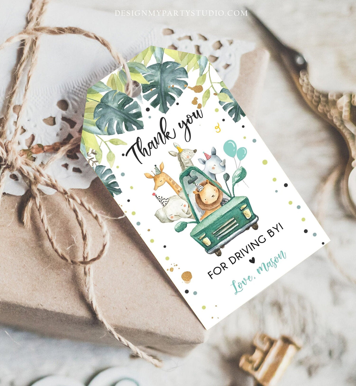 Editable Drive By Favor Tag Drive By Birthday Party Parade Thank You Baby Shower Tags Blue Boy Safari Animals Corjl Template Printable 0345