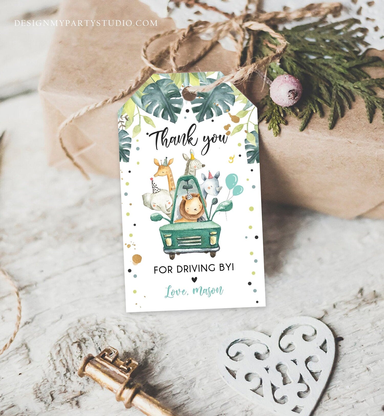 Editable Drive By Favor Tag Drive By Birthday Party Parade Thank You Baby Shower Tags Blue Boy Safari Animals Corjl Template Printable 0345