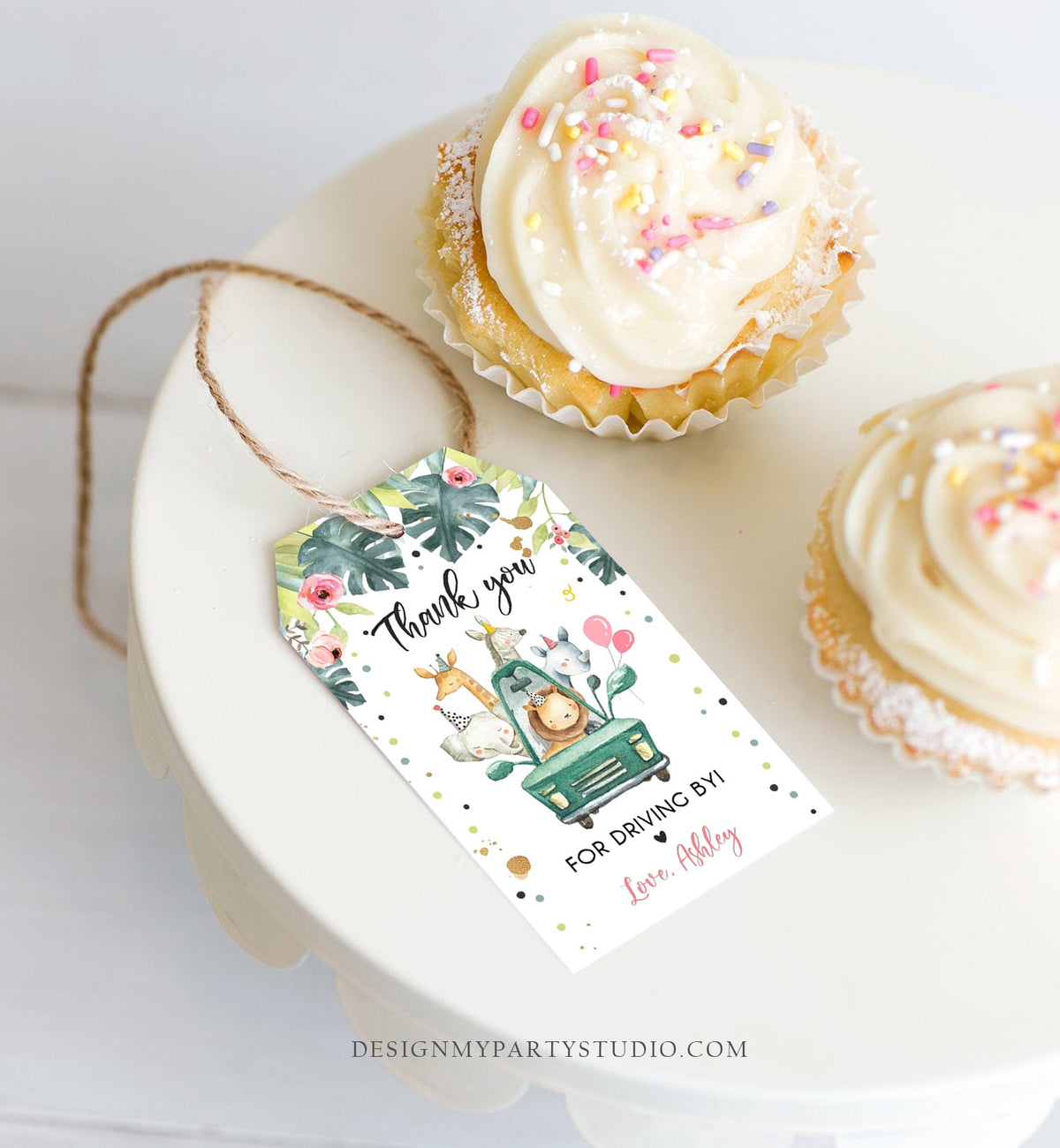 Editable Drive By Favor Tag Drive By Birthday Party Parade Thank You Baby Shower Tags Pink Girl Safari Animals Corjl Template Printable 0163