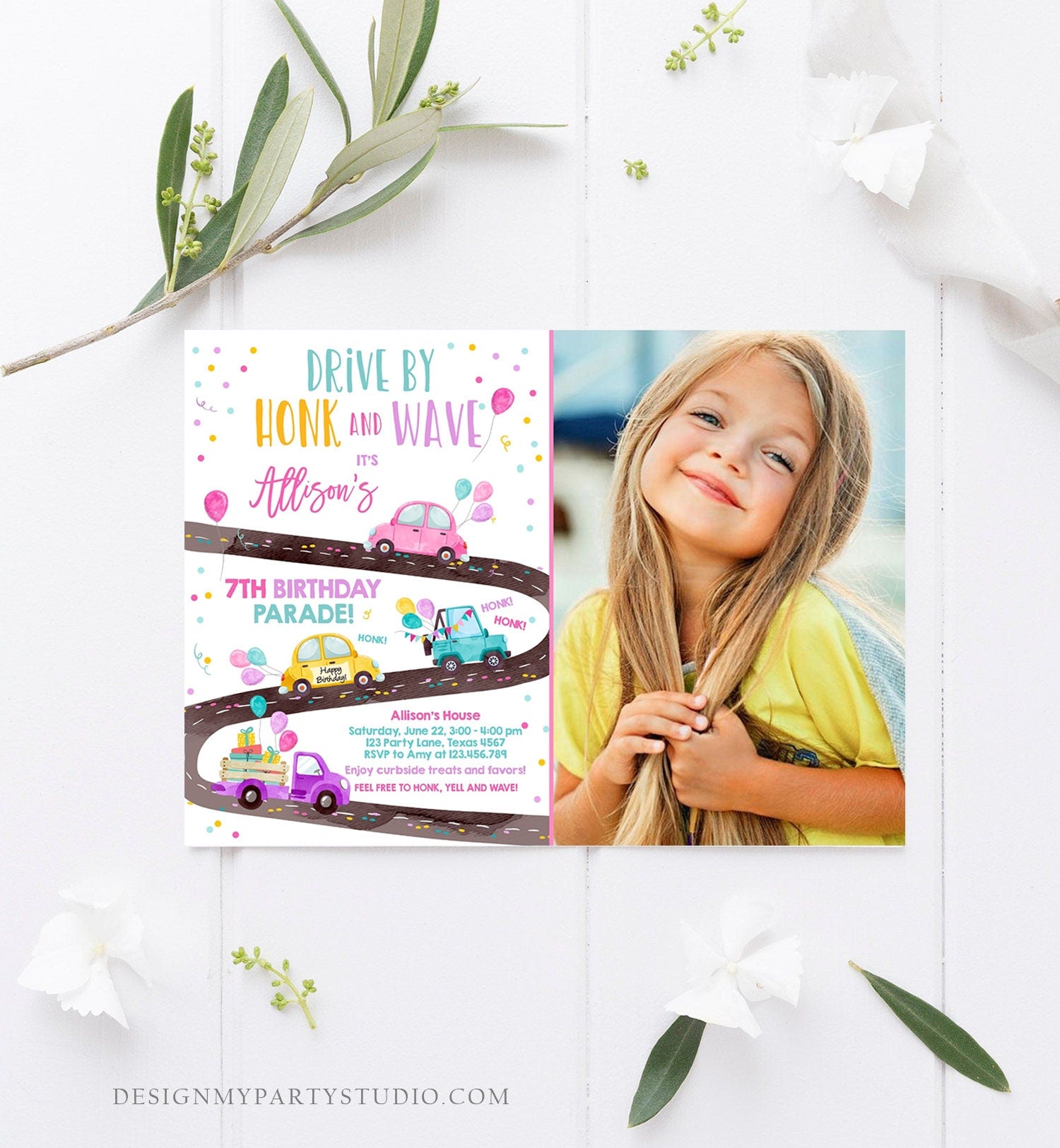 Editable Drive By Birthday Parade Invitation Virtual Party Invite Honk Wave Car Girl Pink Quarantine Instant Download Digital Corjl 0333