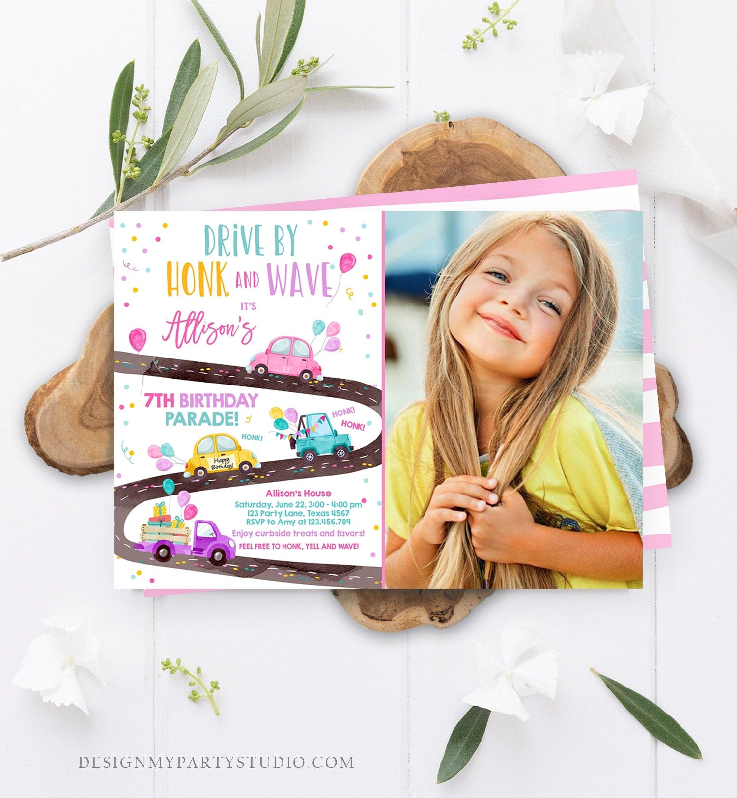 Editable Drive By Birthday Parade Invitation Virtual Party Invite Honk Wave Car Girl Pink Quarantine Instant Download Digital Corjl 0333