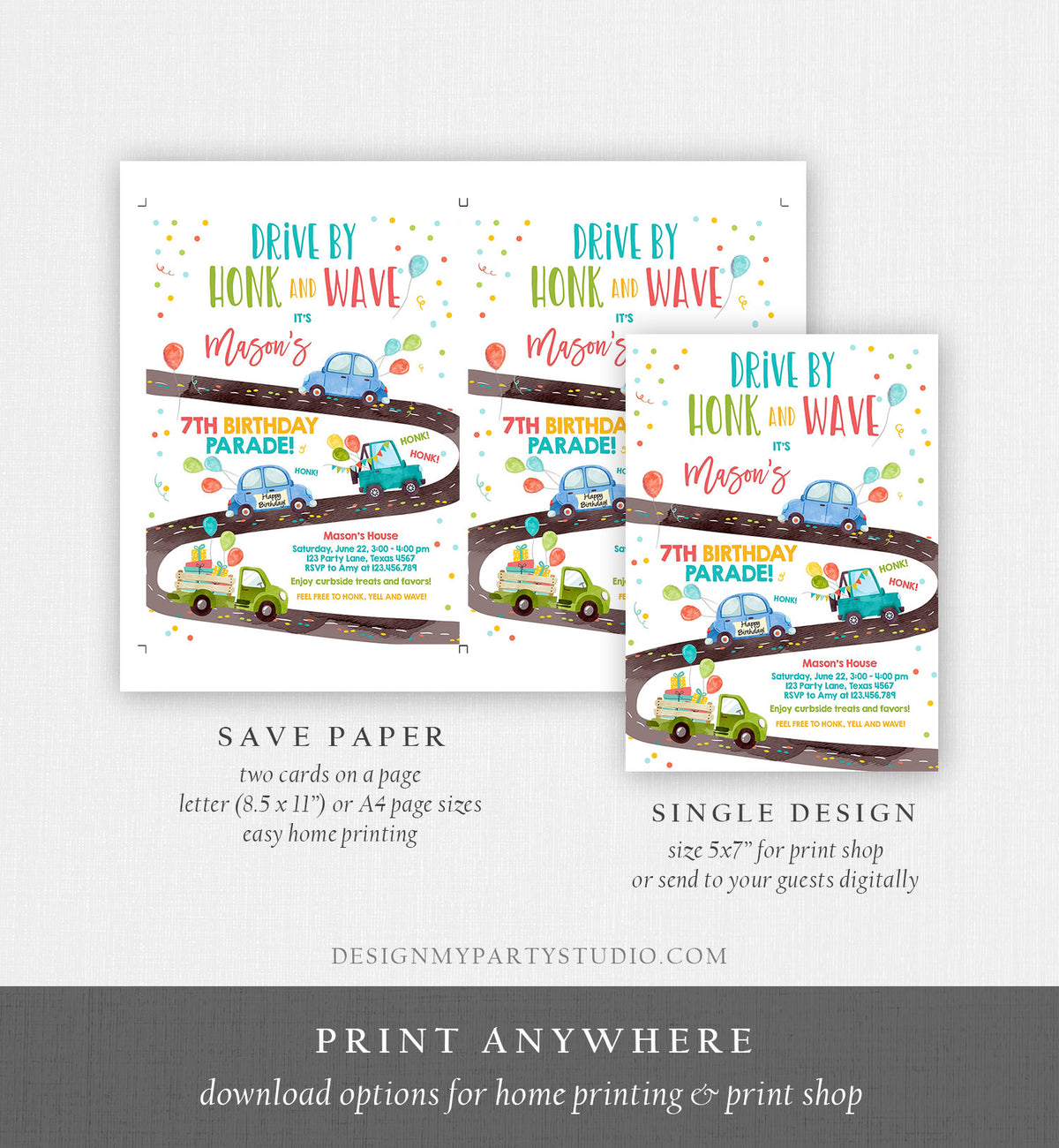 Editable Drive By Birthday Parade Invitation Virtual Party Invite Honk Wave Car Boy Blue Quarantine Instant Download Digital Corjl 0333
