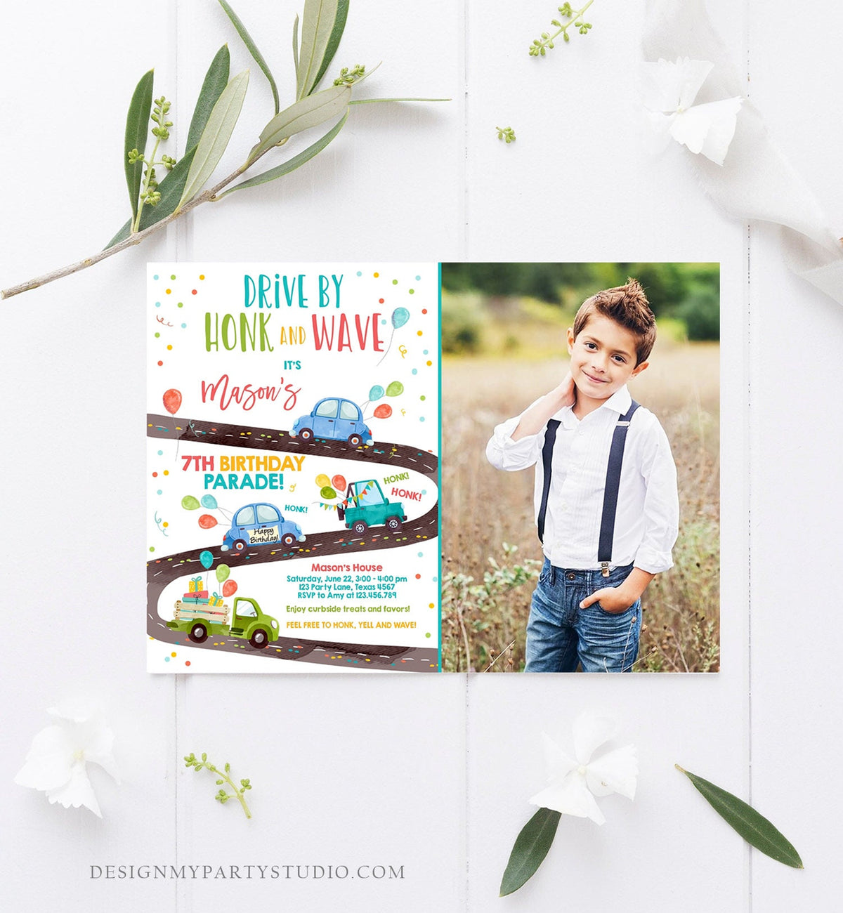 Editable Drive By Birthday Parade Invitation Virtual Party Invite Honk Wave Car Boy Blue Quarantine Instant Download Digital Corjl 0333
