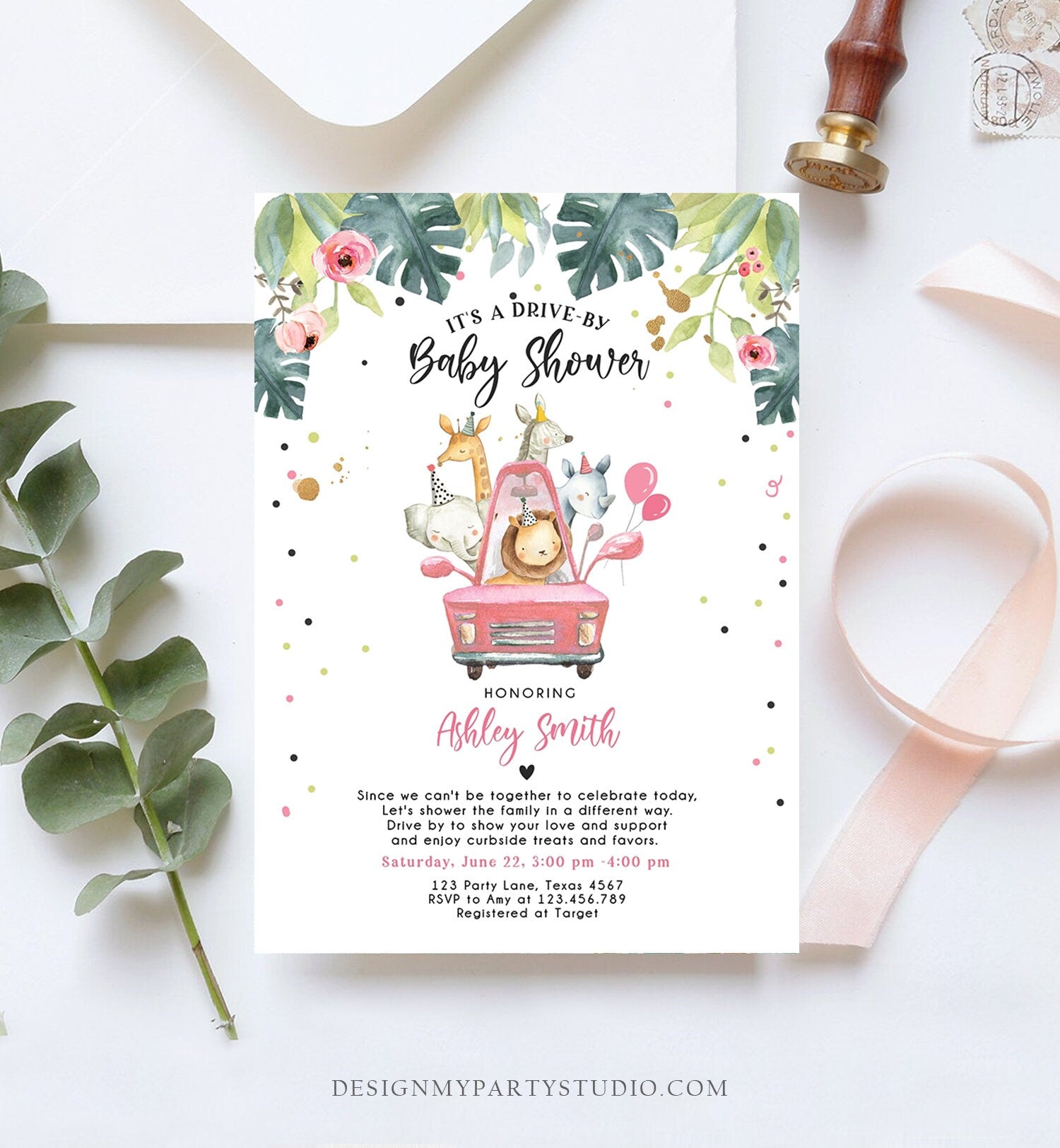 Editable Drive By Baby Shower Invitation Safari Animals Coed Shower Drive Through Quarantine Pink Girl Gold Template Download Corjl 0345