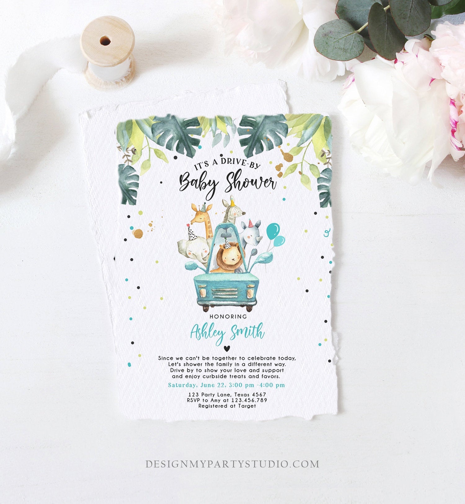 Editable Drive By Baby Shower Invitation Safari Animals Coed Shower Drive Through Quarantine Blue Boy Sprinkle Template Download Corjl 0163