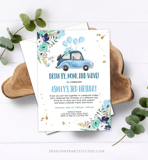 Editable Drive By Birthday Parade Invitation Virtual Party Invite Honk Wave Car Girl Blue Quarantine Through Download Digital Corjl 0335