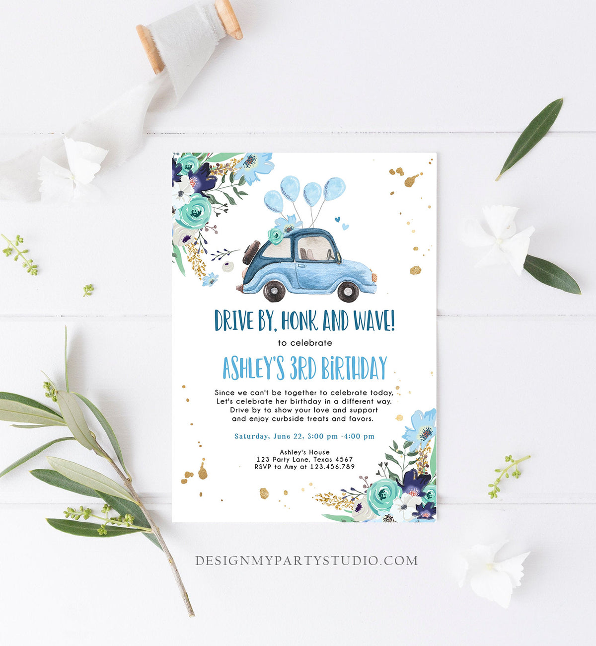 Editable Drive By Birthday Parade Invitation Virtual Party Invite Honk Wave Car Girl Blue Quarantine Through Download Digital Corjl 0335
