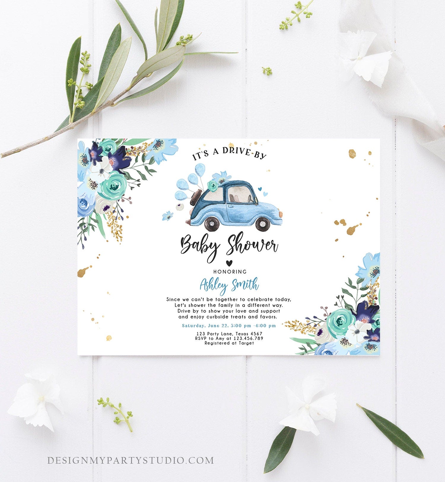 Editable Drive By Baby Shower Invitation Blue Girl Baby Shower Invite Quarantine Drive Through Floral Sprinkle Template Download Corjl 0335