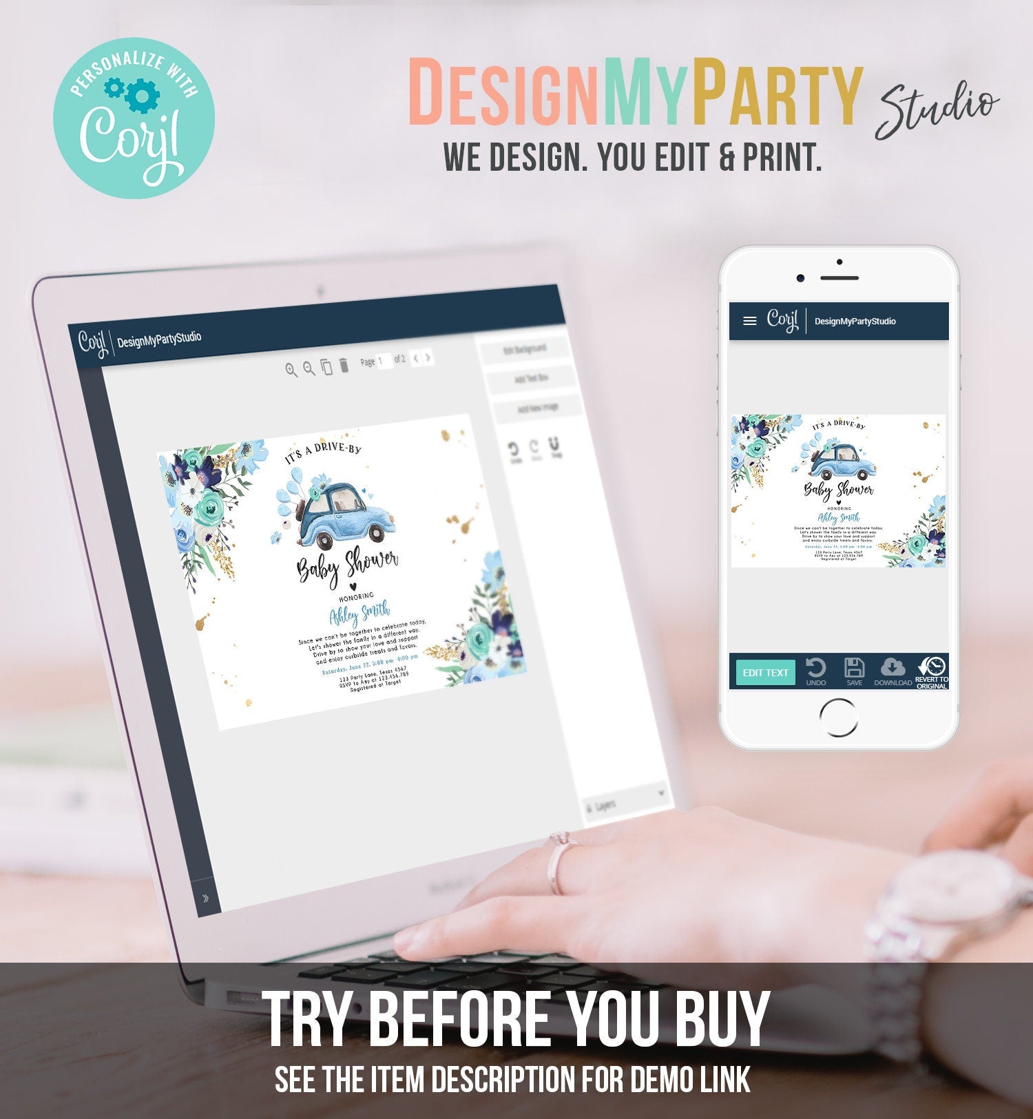 Editable Drive By Baby Shower Invitation Blue Girl Baby Shower Invite Quarantine Drive Through Floral Sprinkle Template Download Corjl 0335