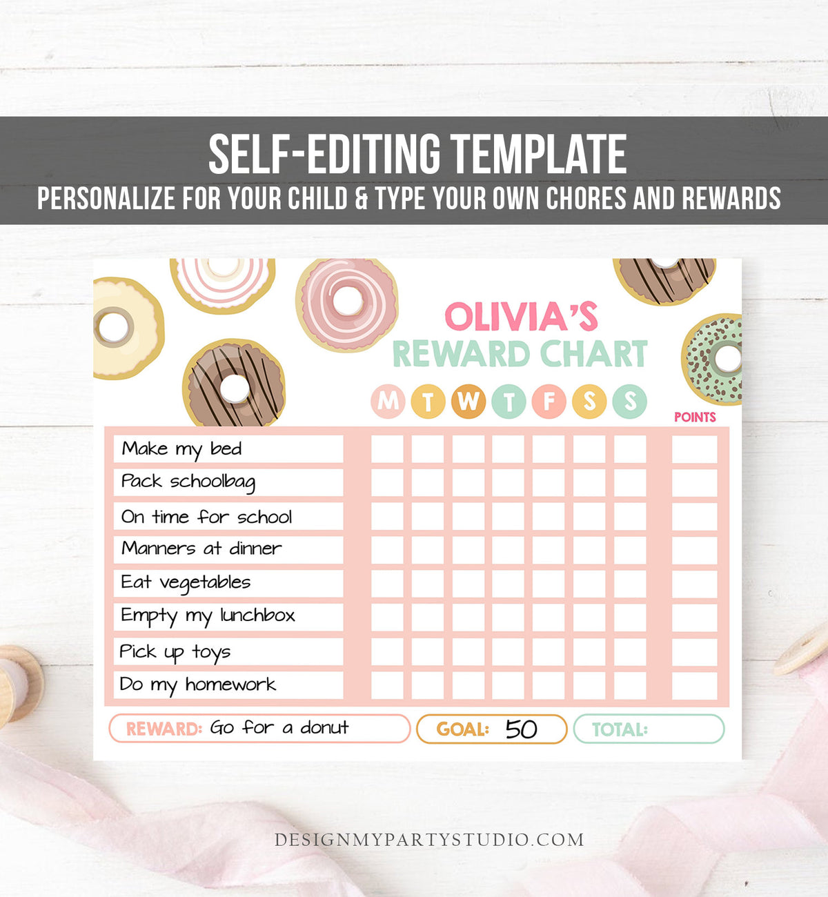 Editable Donut Reward Chart for Girls Printable Donut Chore Chart for Kids Chores Pink Donut Routine Chart Printable Template Corjl 0320