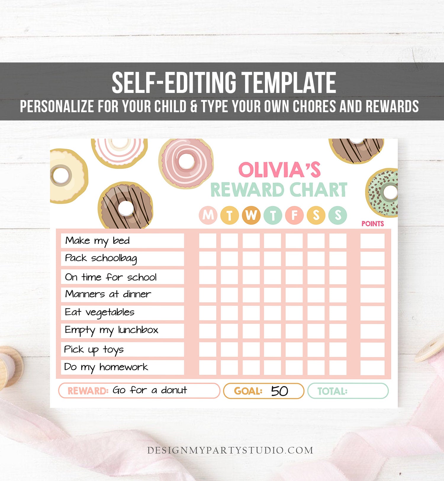 Editable Donut Reward Chart for Girls Printable Donut Chore Chart for Kids Chores Pink Donut Routine Chart Printable Template Corjl 0320