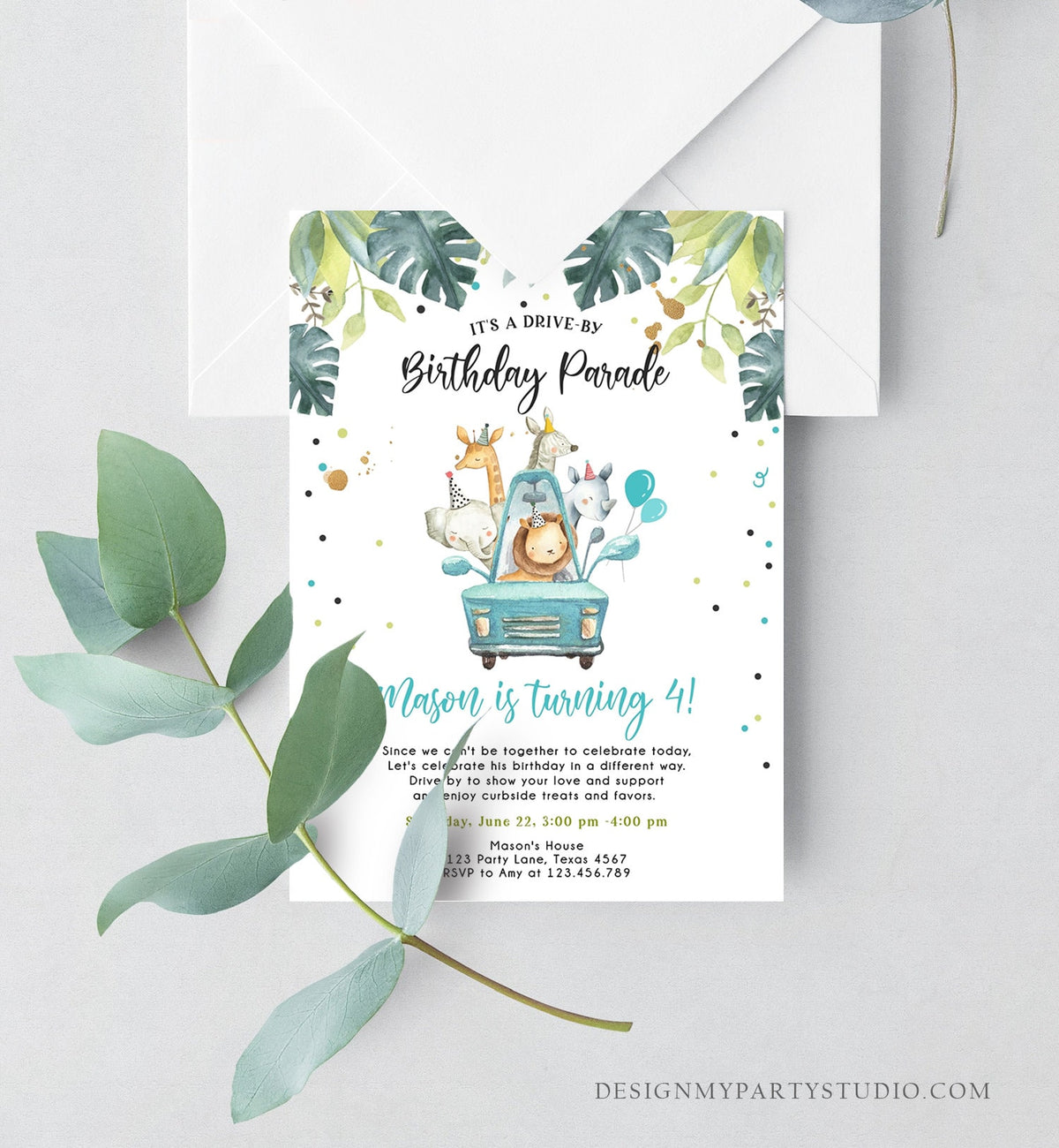 Editable Drive By Birthday Parade Invitation Boy Blue Gold Safari Animals Car Drive Through Quarantine Social Distancing Party Corjl 0345