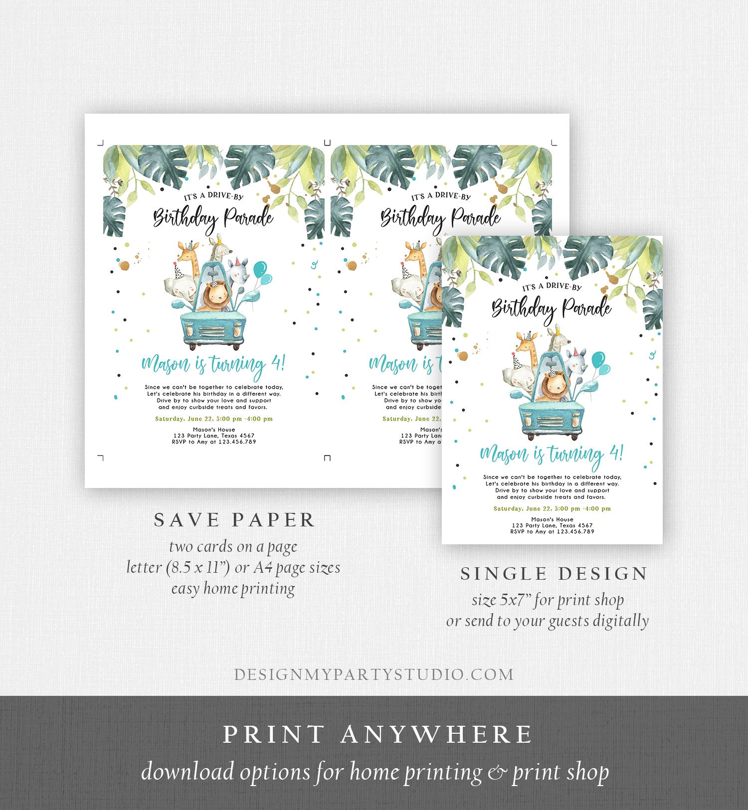 Editable Drive By Birthday Parade Invitation Boy Blue Gold Safari Animals Car Drive Through Quarantine Social Distancing Party Corjl 0345