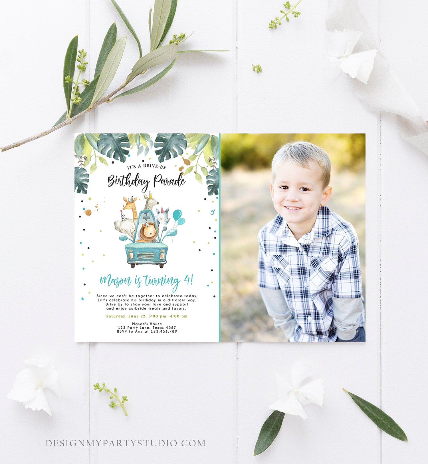 Editable Drive By Birthday Parade Invitation Boy Blue Gold Safari Animals Car Drive Through Quarantine Social Distancing Party Corjl 0163