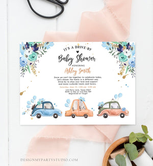 Editable Drive By Baby Shower Invitation Navy Blue Floral Boy Coed Shower Quarantine Drive Through Sprinkle Template Download Corjl 0335