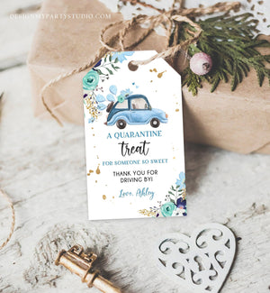 Editable Drive By Favor Tag Drive Through Baby Shower Bridal Shower Birthday Thank You Gift Tags Quarantine Blue Floral Boy Corjl 0335