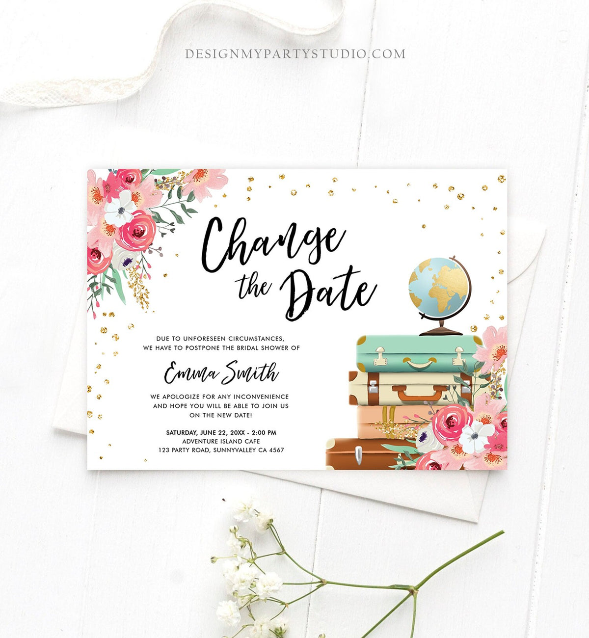 Editable Change the Date Announcement Bridal Shower Wedding Postponement Change of Plans Travel Adventure Pink Floral Corjl Template 0030
