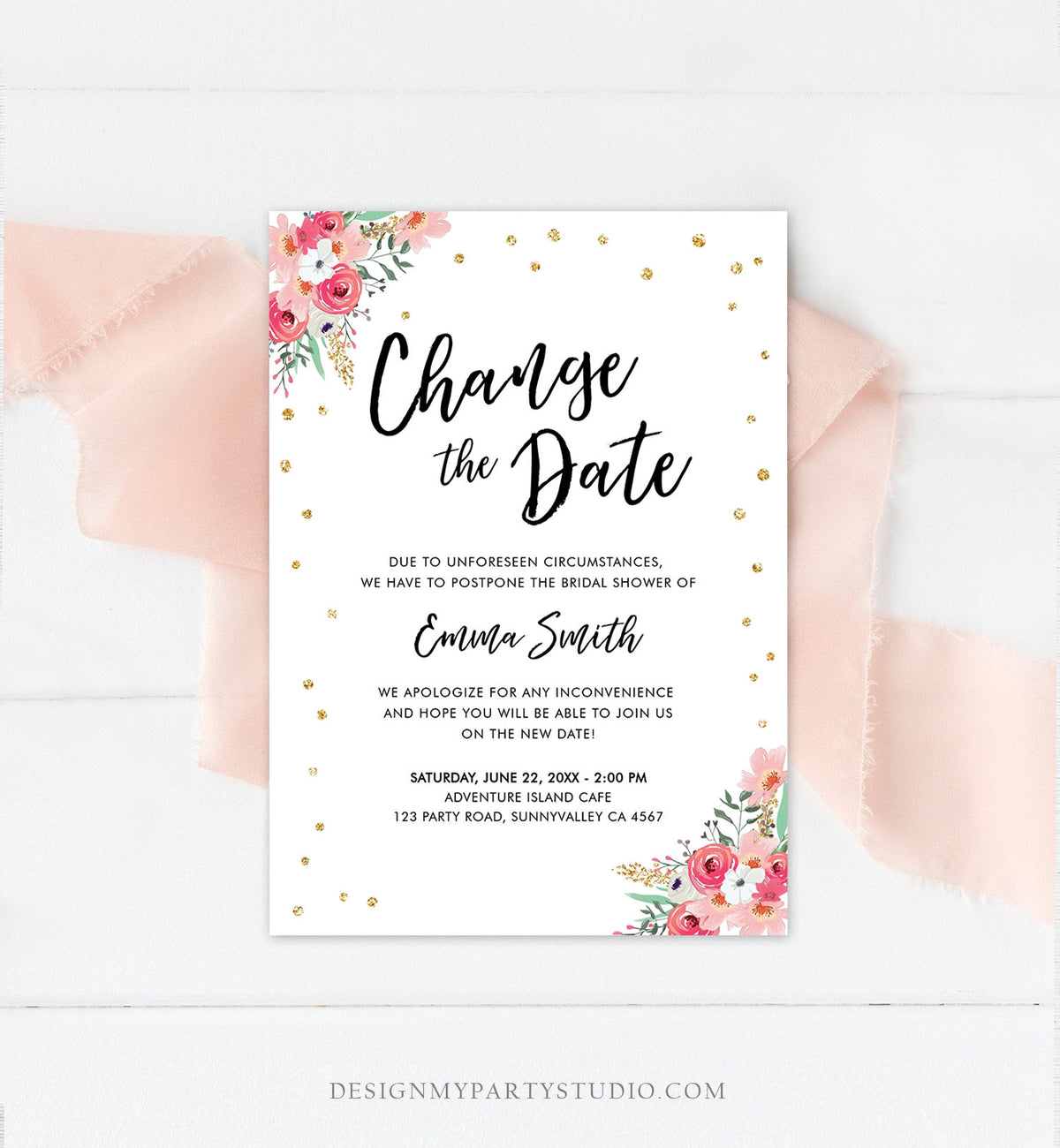 Editable Change the Date Announcement Bridal Shower Wedding Postponement Change of Plans Confetti Gold Pink Floral Corjl Template 0030