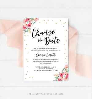 Editable Change the Date Announcement Bridal Shower Wedding Postponement Change of Plans Confetti Gold Pink Floral Corjl Template 0030