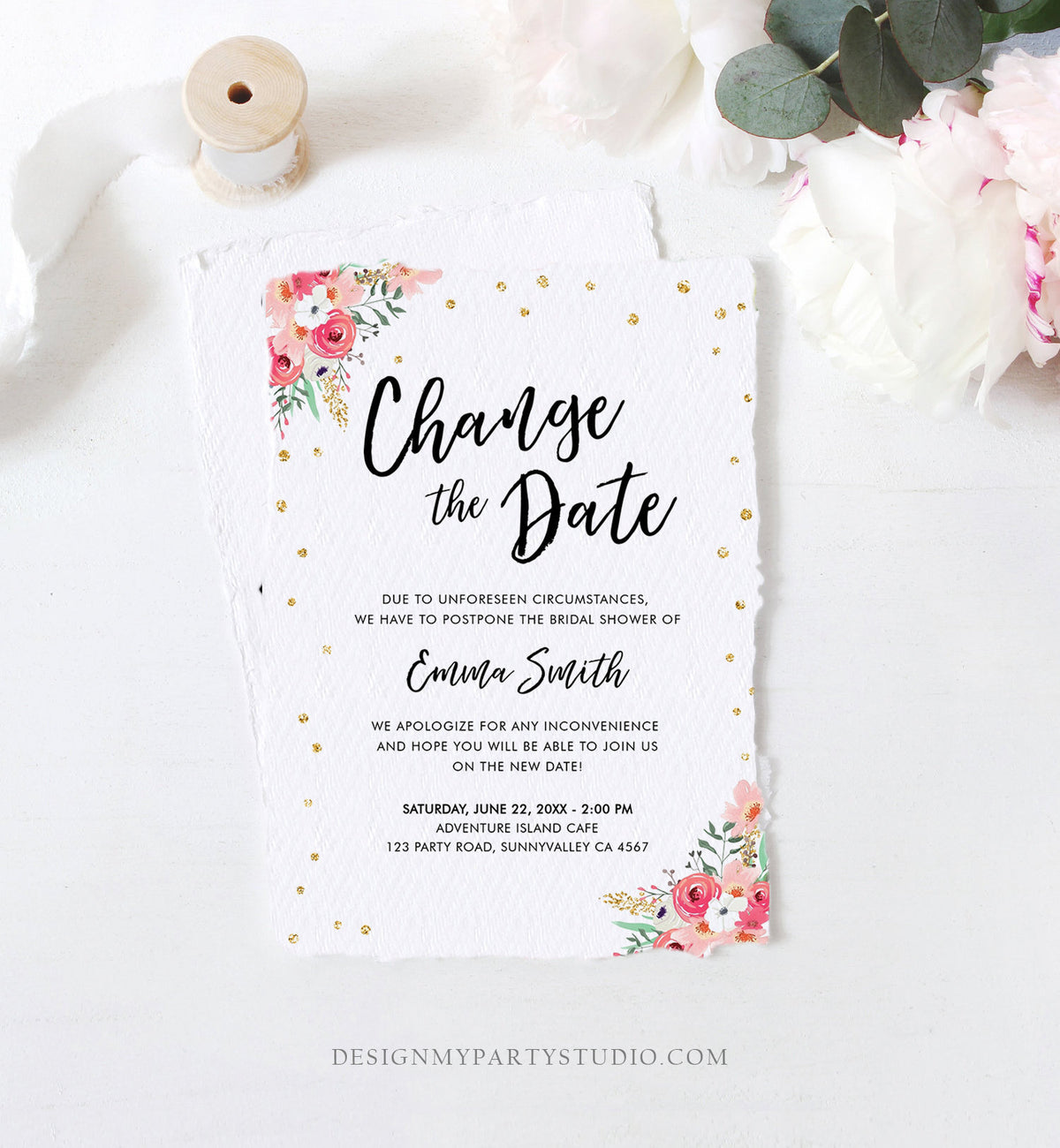 Editable Change the Date Announcement Bridal Shower Wedding Postponement Change of Plans Confetti Gold Pink Floral Corjl Template 0030