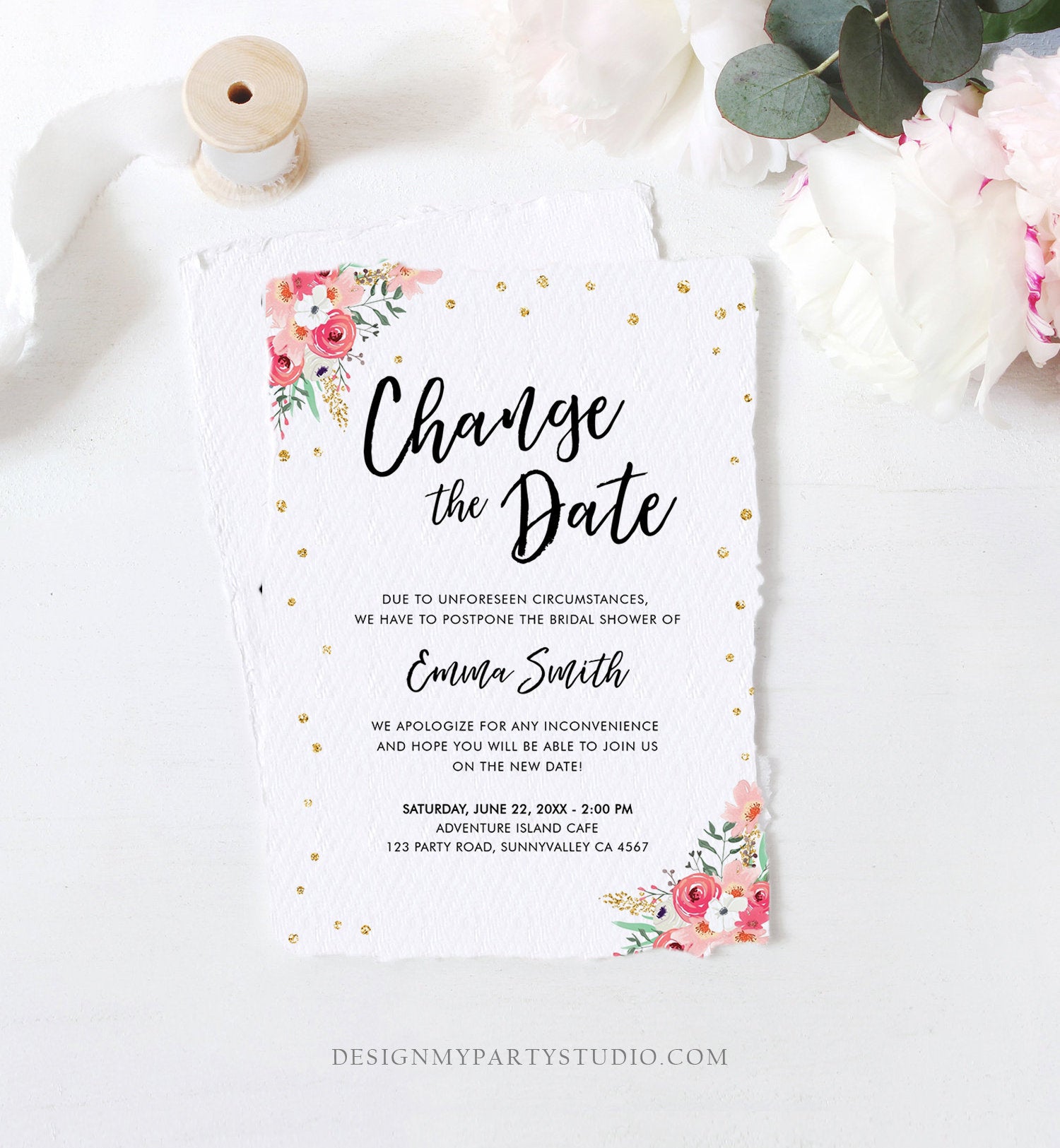 Editable Change the Date Announcement Bridal Shower Wedding Postponement Change of Plans Confetti Gold Pink Floral Corjl Template 0030