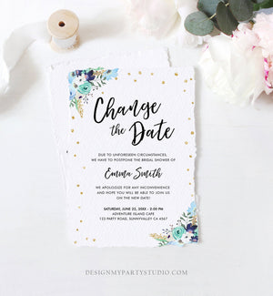 Editable Change the Date Announcement Bridal Shower Wedding Postponement Change of Plans Confetti Gold Blue Floral Corjl Template 0030