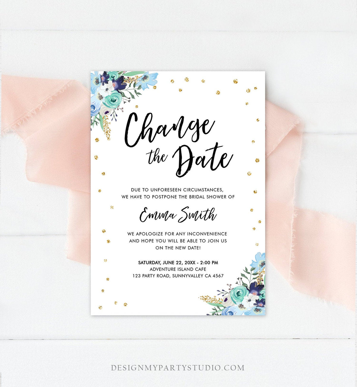 Editable Change the Date Announcement Bridal Shower Wedding Postponement Change of Plans Confetti Gold Blue Floral Corjl Template 0030