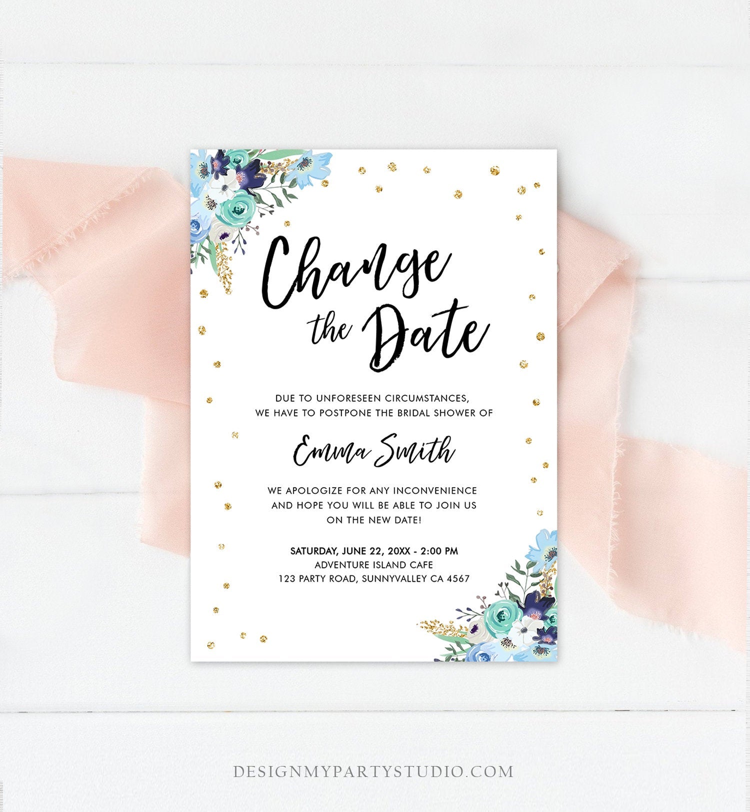 Editable Change the Date Announcement Bridal Shower Wedding Postponement Change of Plans Confetti Gold Blue Floral Corjl Template 0030