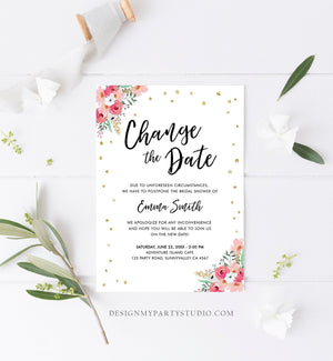 Editable Change the Date Announcement Bridal Shower Wedding Postponement Change of Plans Confetti Gold Pink Floral Corjl Template 0030
