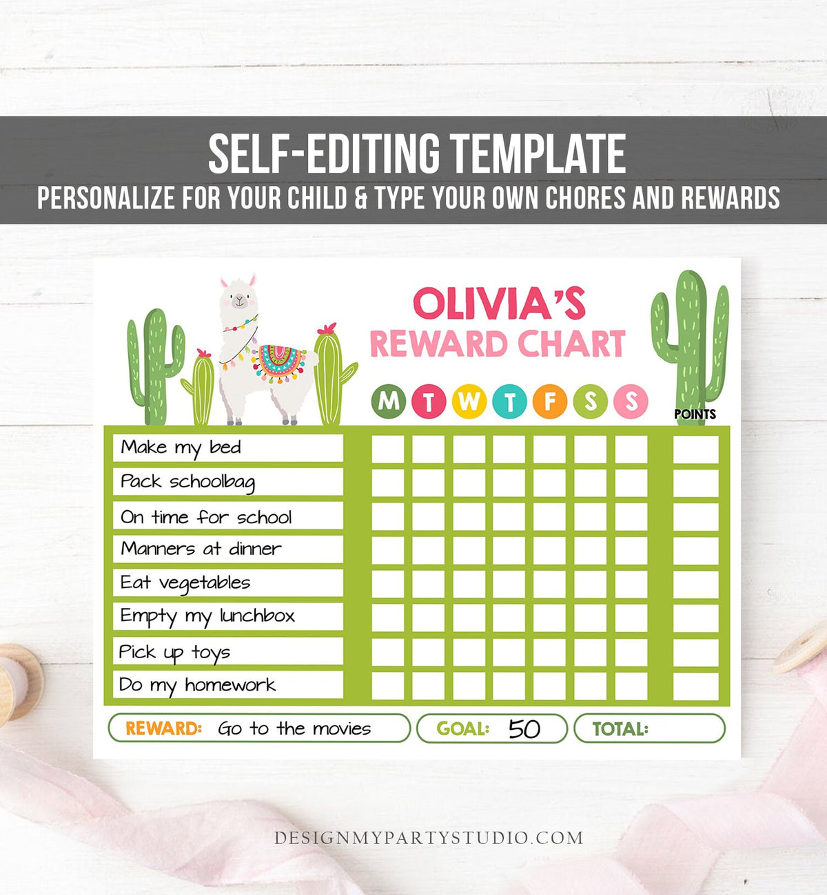 Editable Kids Chore Chart Reward Chart Llama for Kids Chores Responsibility Chart Girl Fillable Chore Chart Printable Template Corjl 0079