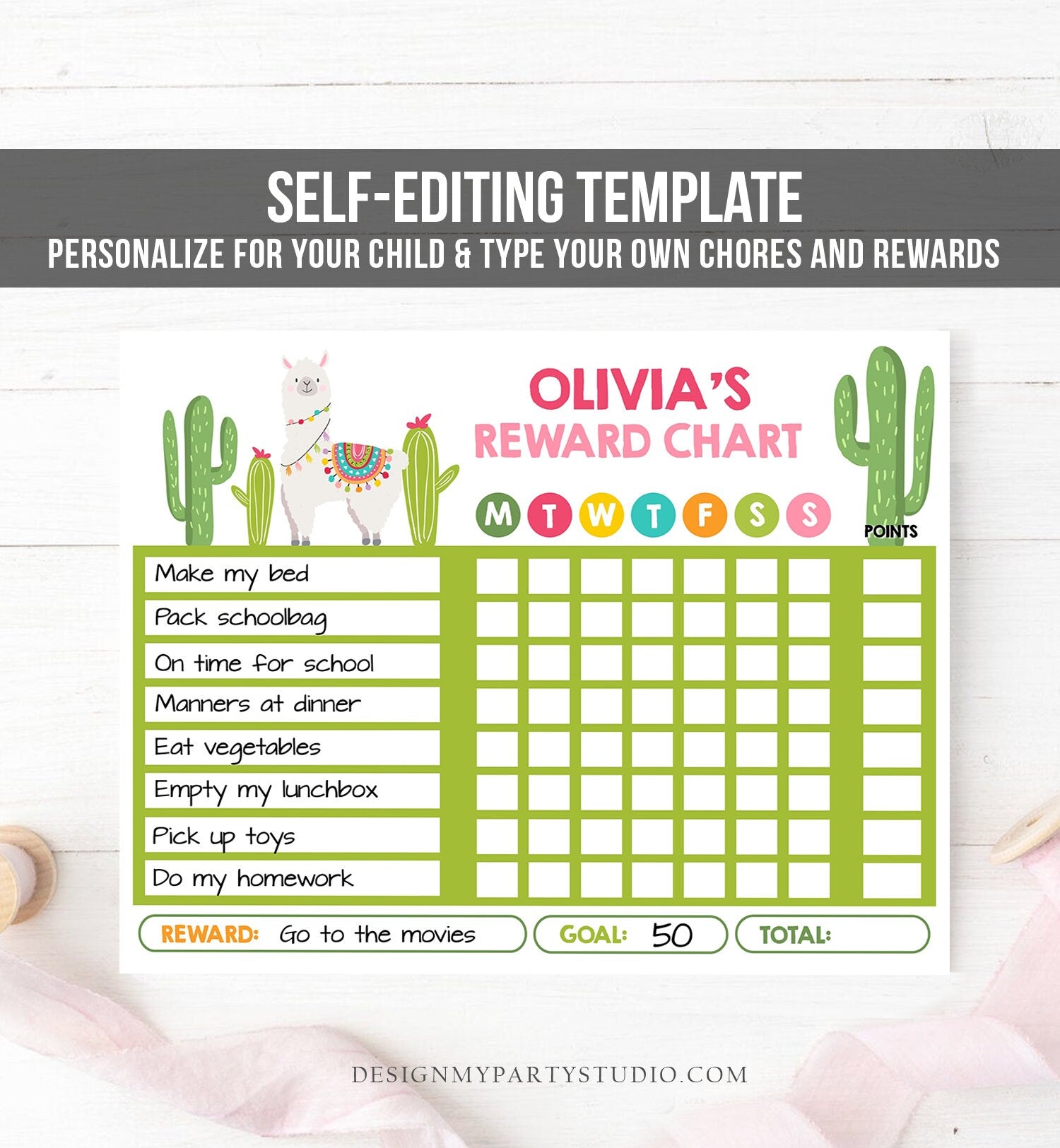 Editable Kids Chore Chart Reward Chart Llama for Kids Chores Responsibility Chart Girl Fillable Chore Chart Printable Template Corjl 0079