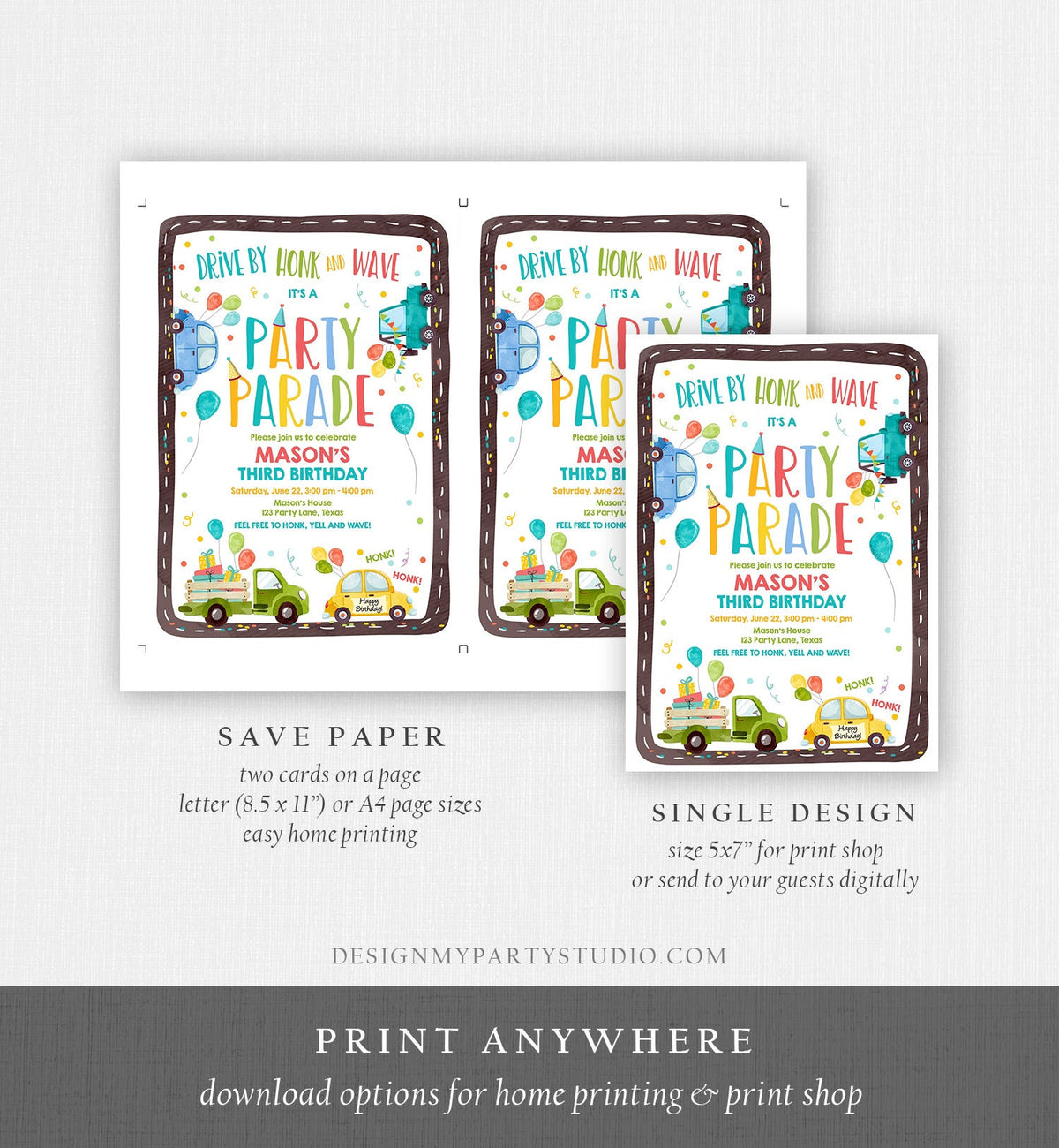 Editable Drive By Birthday Parade Invitation Virtual Party Invite Honk Wave Car Boy Blue Quarantine Instant Download Digital Corjl 0333