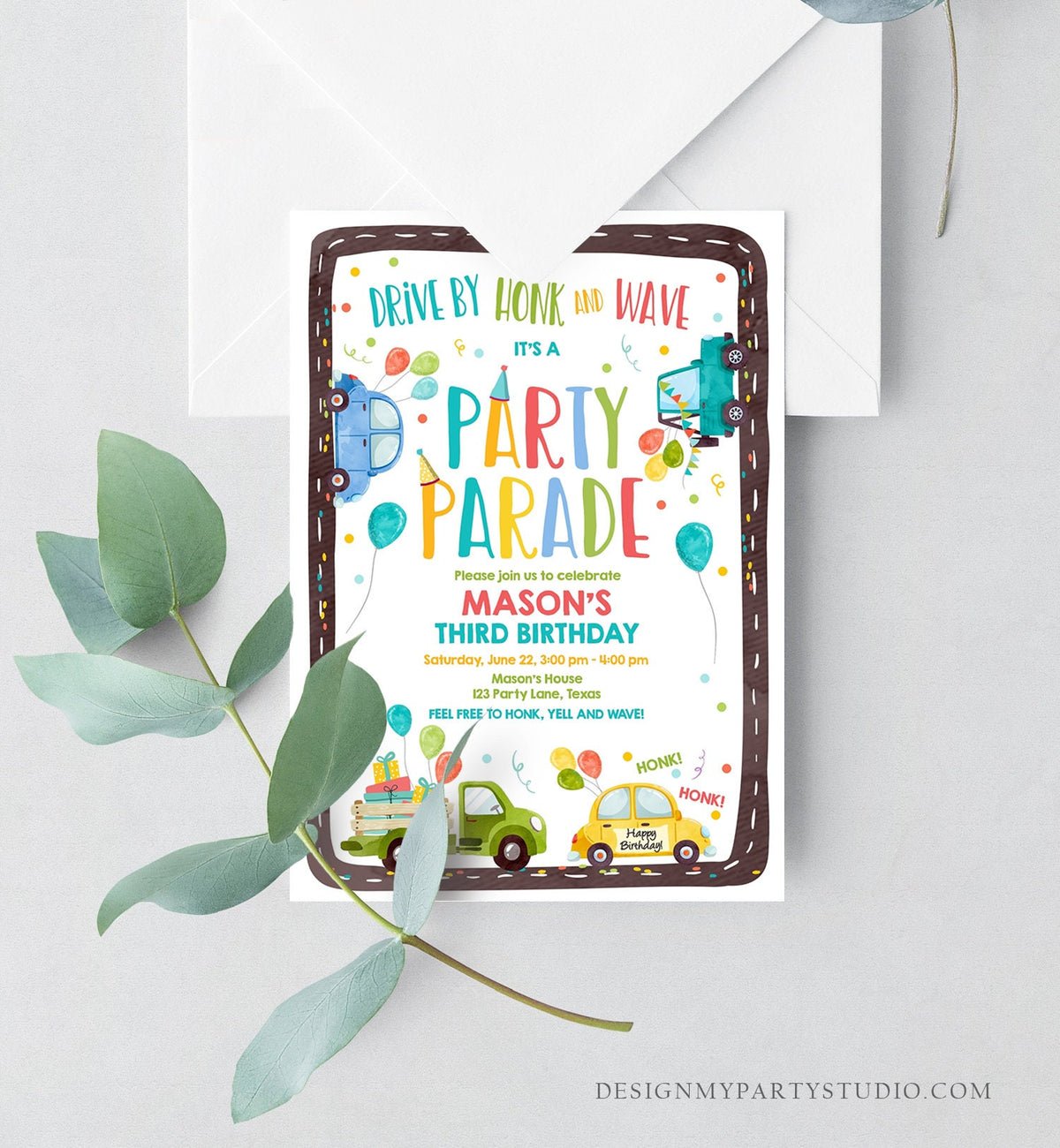 Editable Drive By Birthday Parade Invitation Virtual Party Invite Honk Wave Car Boy Blue Quarantine Instant Download Digital Corjl 0333