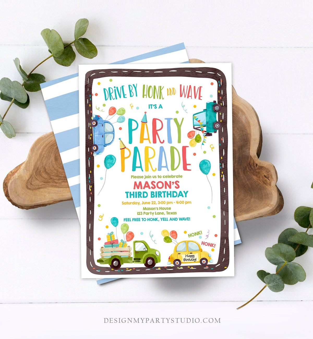 Editable Drive By Birthday Parade Invitation Virtual Party Invite Honk Wave Car Boy Blue Quarantine Instant Download Digital Corjl 0333