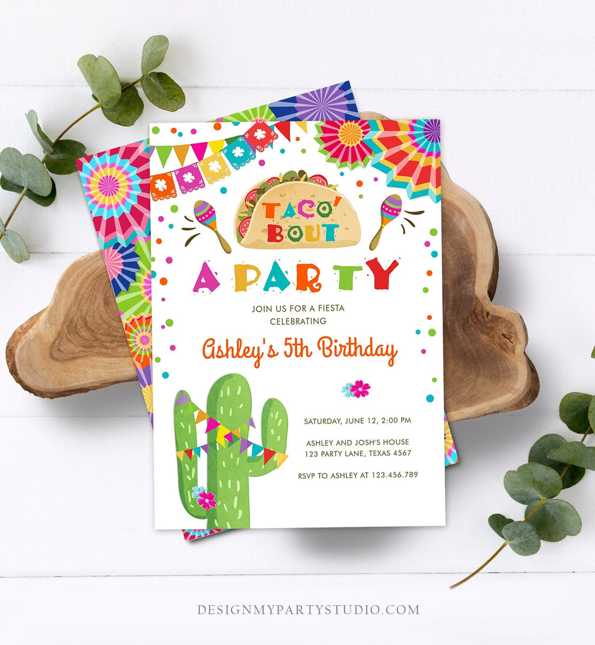 Editable Taco Bout a Party Birthday Invitation Fiesta Cactus Mexican No Time to Siesta Let&#39;s Fiesta Samba Corjl Template Printable 0045