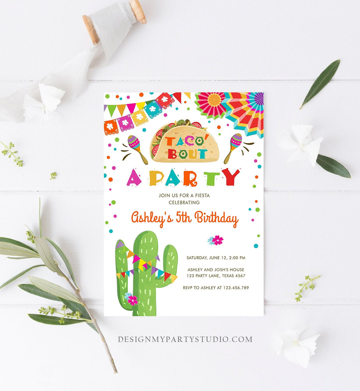 Editable Taco Bout a Party Birthday Invitation Fiesta Cactus Mexican No Time to Siesta Let&#39;s Fiesta Samba Corjl Template Printable 0045
