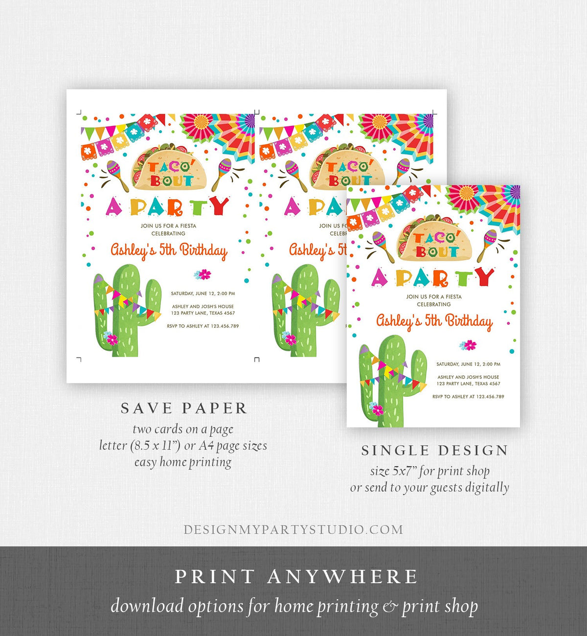 Editable Taco Bout a Party Birthday Invitation Fiesta Cactus Mexican No Time to Siesta Let&#39;s Fiesta Samba Corjl Template Printable 0045
