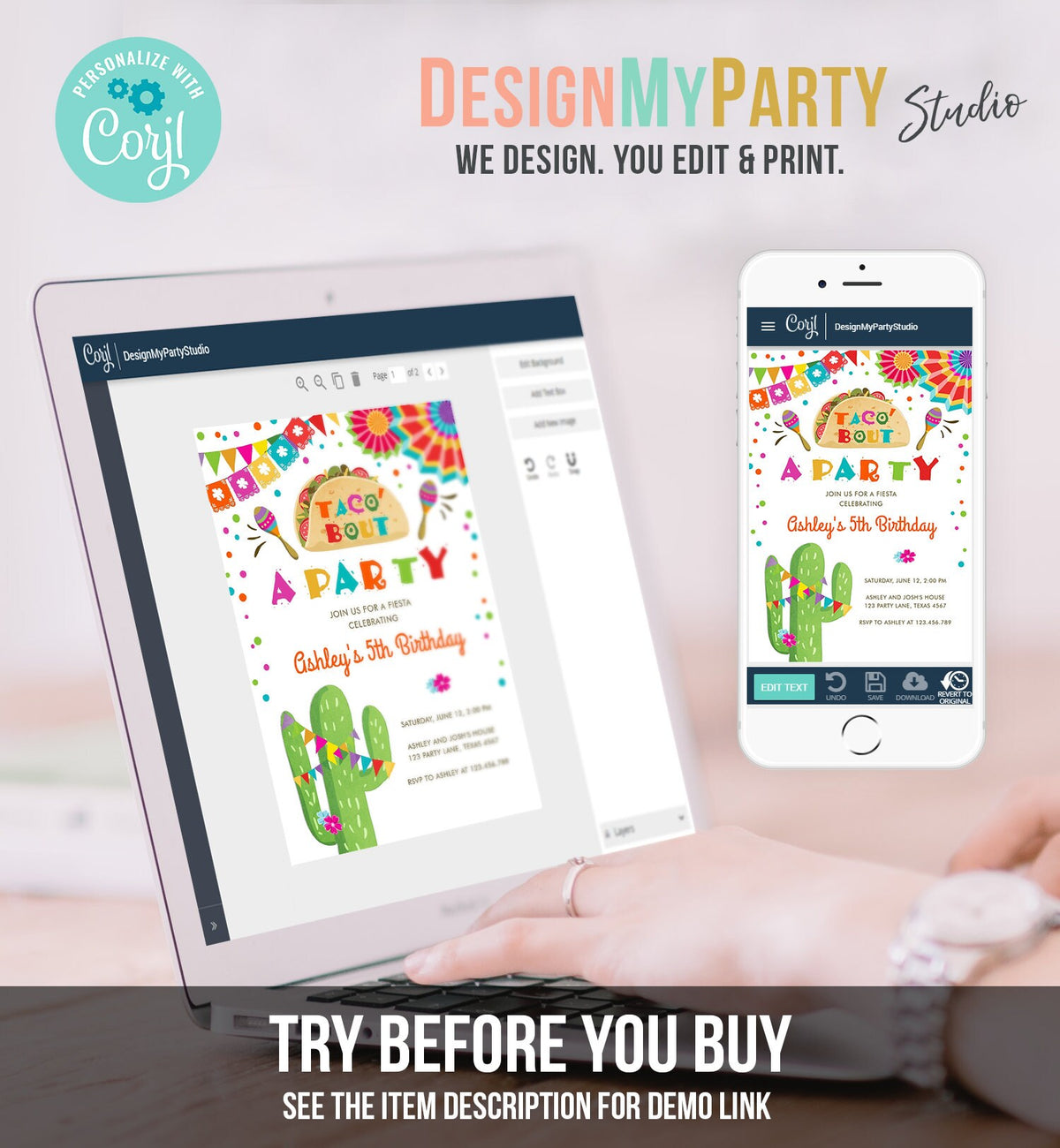 Editable Taco Bout a Party Birthday Invitation Fiesta Cactus Mexican No Time to Siesta Let&#39;s Fiesta Samba Corjl Template Printable 0045