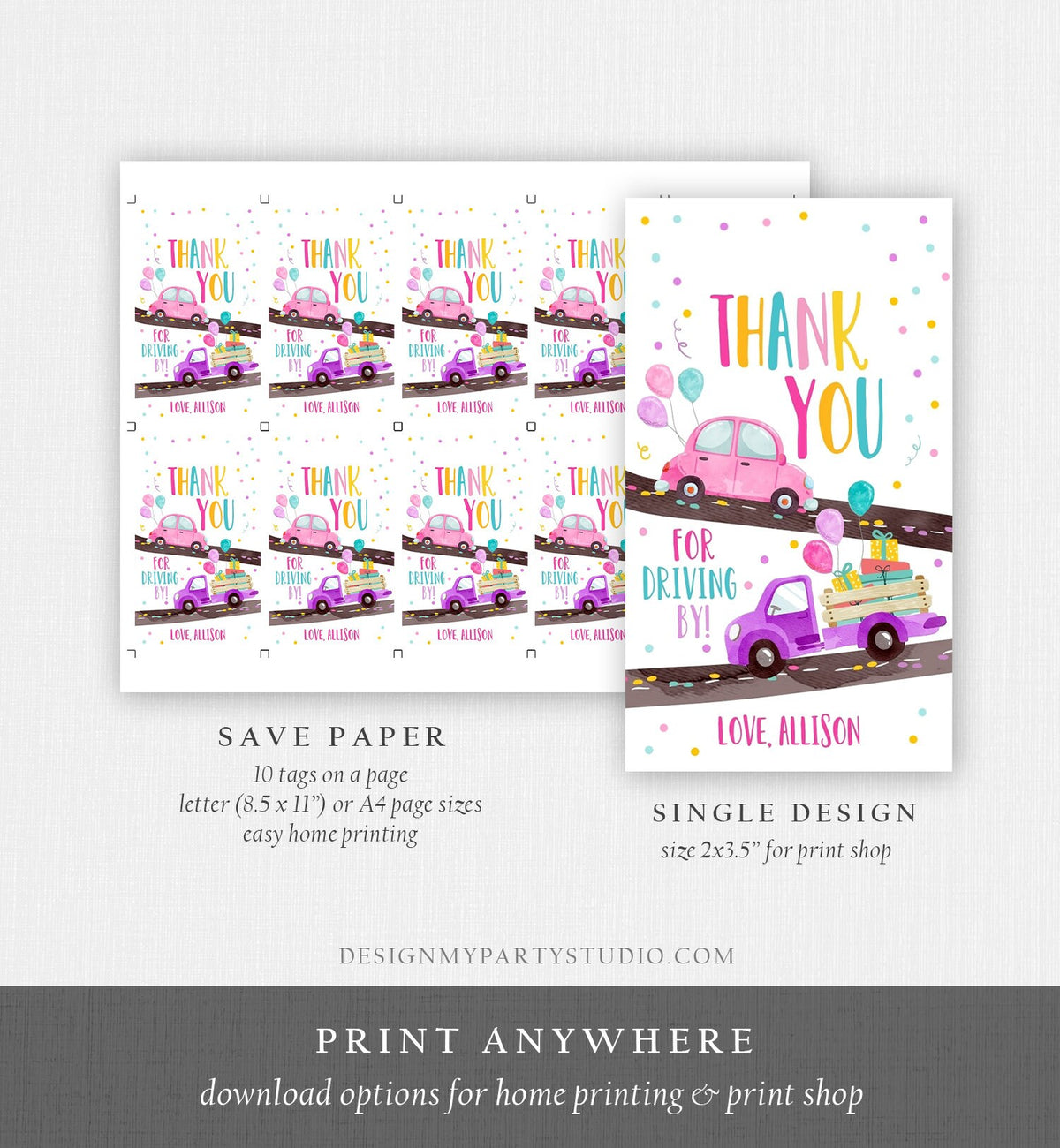 Editable Drive By Favor Tag Drive By Birthday Favors Party Parade Thank You Gift Tags Quarantine Pink Car Girl Corjl Template Printable 0333