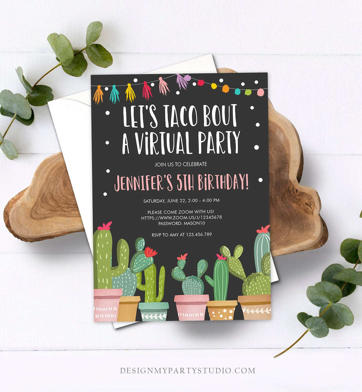 Editable Taco Bout a Virtual Party Birthday Invitation Fiesta Cactus Zoom Party Video Chat Quarantine Party Distancing Corjl Template 0254