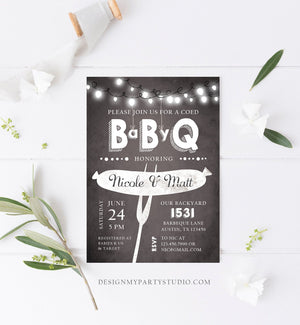 Editable Baby Q Invitation Coed BBQ Baby Shower Rustic String Lights Jars Gender Neutral Baby-Q Chalk Backyard Corjl Template Printable 0145