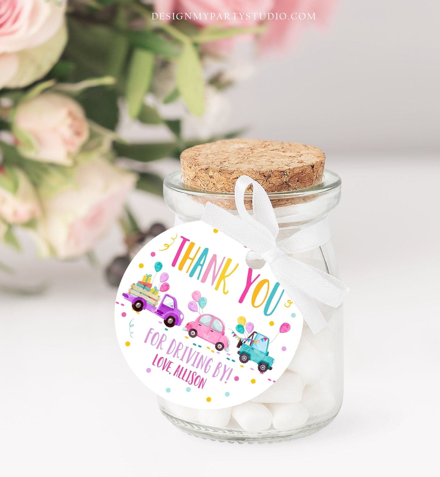 Editable Drive By Favor Tag Drive By Birthday Parade Thank You Gift Tags Quarantine Pink Car Girl Round Square Sticker Corjl Template 0333