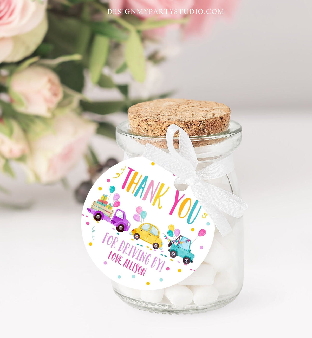 Editable Drive By Favor Tag Drive By Birthday Parade Thank You Gift Tags Quarantine Pink Car Girl Round Square Sticker Corjl Template 0333